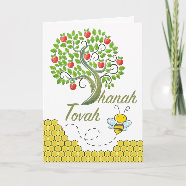 Cartão Shanah Tovah, Rosh Hashanah, Árvore de Maçã, Abelh (Frente)