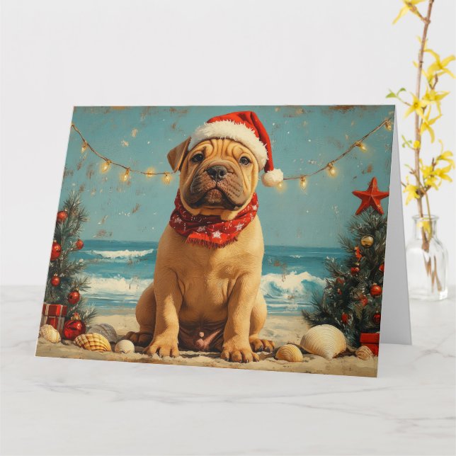Cartão Shar Pei Dog Christmas Vintage Beach (Flor Amarela)
