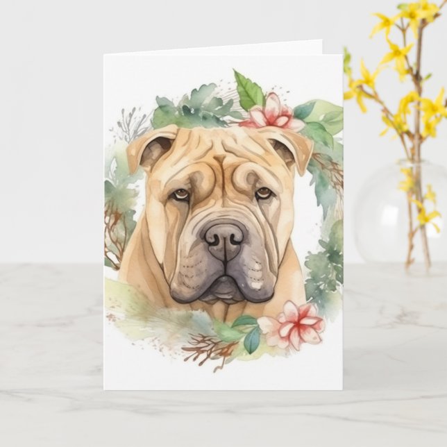 Cartão Shar Pei Wreath Christmas Festivo Pup (Flor Amarela)