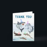 Cartão Shark Birthday Pool Party Personalized Thank You<br><div class="desc">Thank all your sharks for swimming over to your birthday party! This design features a school of festive birthday sharks all wearing fun party hats! Easily edit with your personalized thank you message. 

See the entire collection for more matching items!</div>