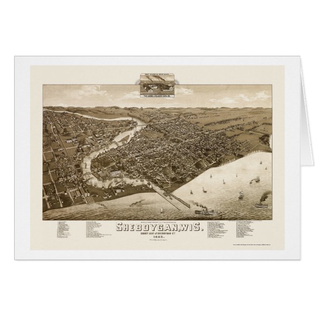 Cartão Sheboygan, mapa panorâmico dos WI - 1885 (Frente Horizontal)