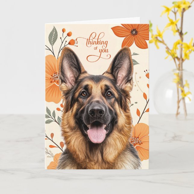 Cartão Shepherd Dog Retro Orange Flowers Thinking of You (Flor Amarela)