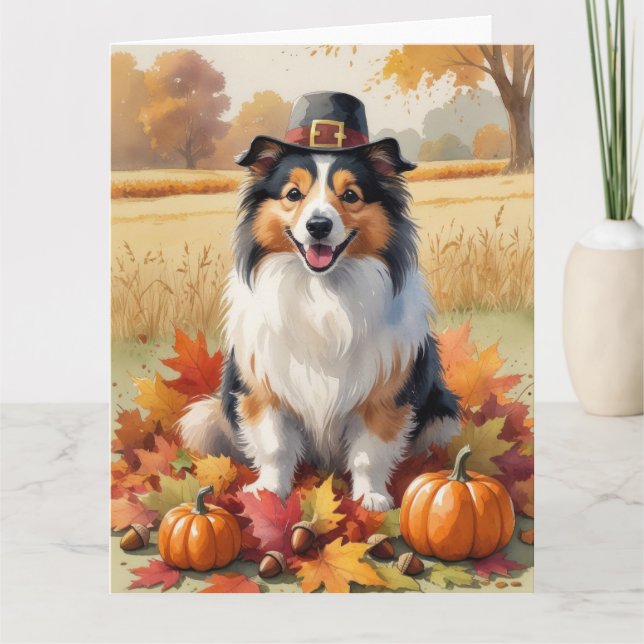 Cartão Shetland Sheepdog Autumn Deixa a arte de Ação de G (Frente)