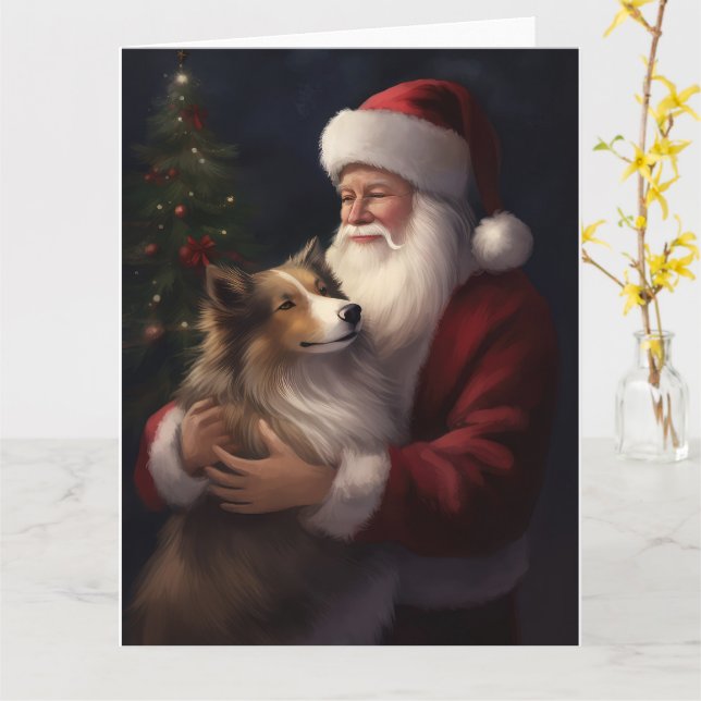 Cartão Shetland Sheepdog Papai Noel Natal Festivo (Flor Amarela)