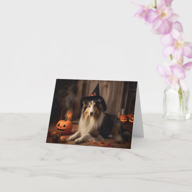 Cartão Shetland Sheepdog Pumpkins Halloween Assustado (Orquídea)