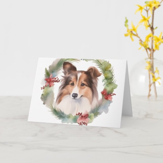 Cartão Shetland Sheepdog Wreath Festivo Pup (Flor Amarela)