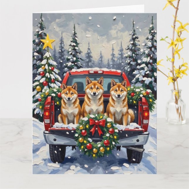 Cartão Shiba Inu Christmas Red Truck Holiday (Flor Amarela)