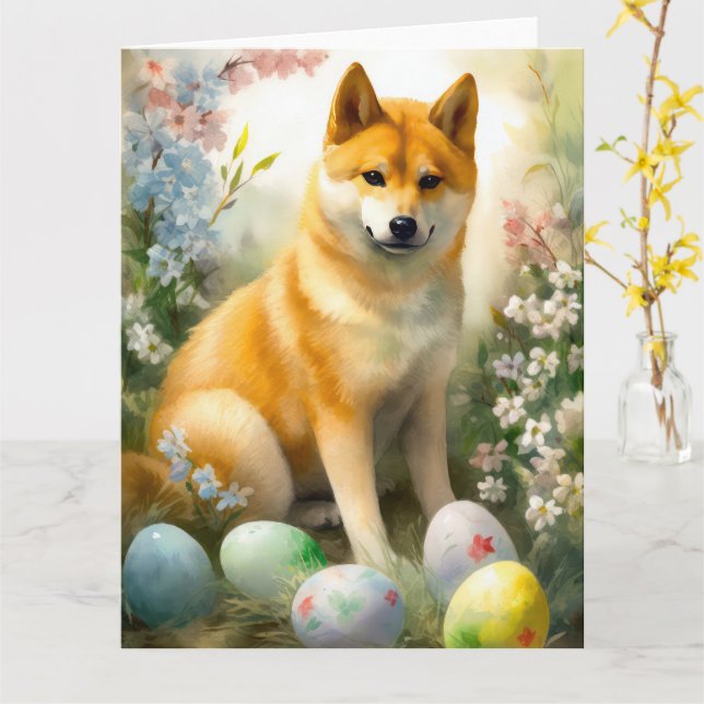 Cartão Shiba Inu com Feriado de Ovos de Páscoa (Flor Amarela)