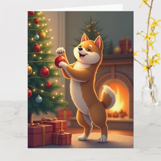 Cartão Shiba Inu Decorating the Christmas Tree Painting (Flor Amarela)