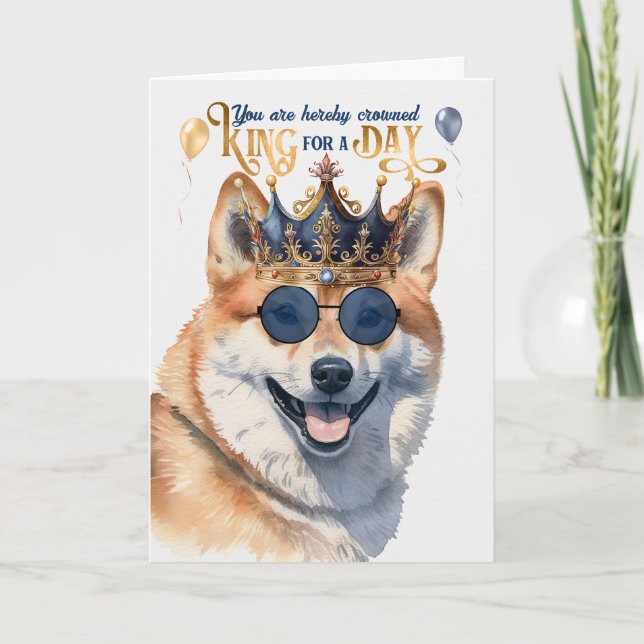 Cartão Shiba Inu Dog King para um Dia de Aniversário Engr (Frente)