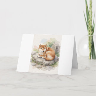Cartão Shiba Inu Encolhido Na Pedra Do Jardim Japonês Sau