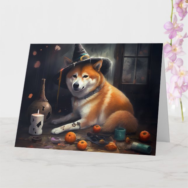 Cartão Shiba Inu Pumpkins Halloween Assustado (Orquídea)