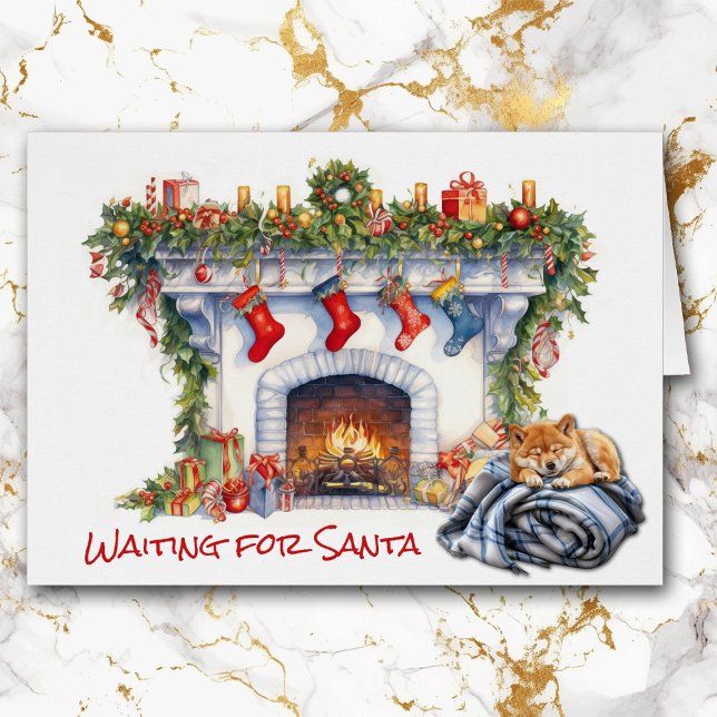 Cartão Shiba Inu Puppy Espera por Lareira de Papai noel (Criador carregado)