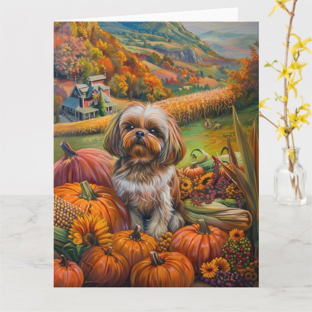 Cartão Shih Tzu Dog Autumn Harvest Ação de Graças (Flor Amarela)