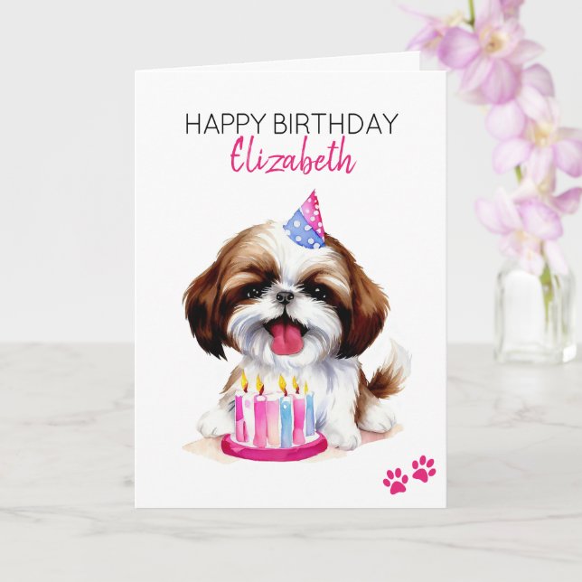 Cartão Shih Tzu Dog Personalizado Feliz Aniversário (Orquídea)
