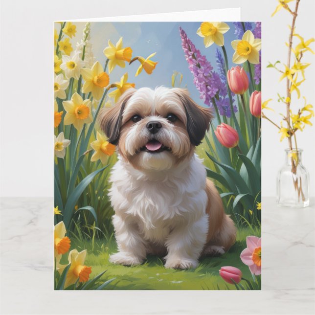 Cartão Shih Tzu Dog Spring Flowers Painting (Flor Amarela)