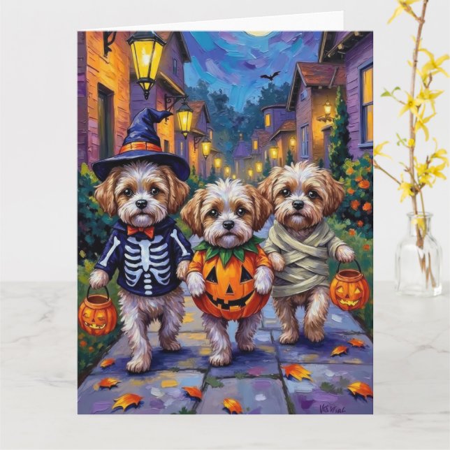 Cartão Shih Tzu Dogs Trick-or-Treating Halloween Costumes (Flor Amarela)