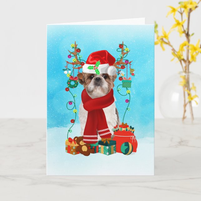 Cartão Shih Tzu na neve com presentes de Natal (Flor Amarela)