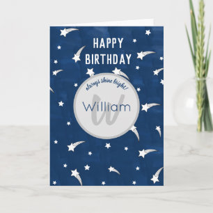 Cartão Shooting Stars Blue Watercolor Monogram Birthday