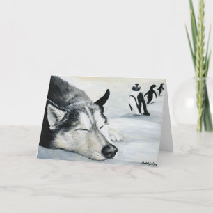 Cartão "Siberian Huskey's Penquin Dream" Dog Art Greeting