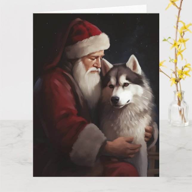 Cartão Siberian Husky com Papai Noel Natal Festivo (Flor Amarela)