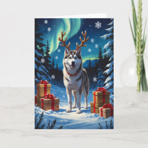 Cartão Siberian Husky Festivo com Presentes Pintura a Óle