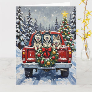 Cartão Siberian Husky Natal Caminhão Vermelho Feriado