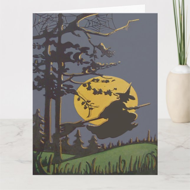 Cartão Silhueta de bruxa voadora (Frente)