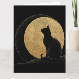 Cartão Silhueta de Gato Preto Contra uma Lua Dourada