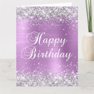 Cartão Silver Glitter Lavanda Folha Grande Feliz Aniversá