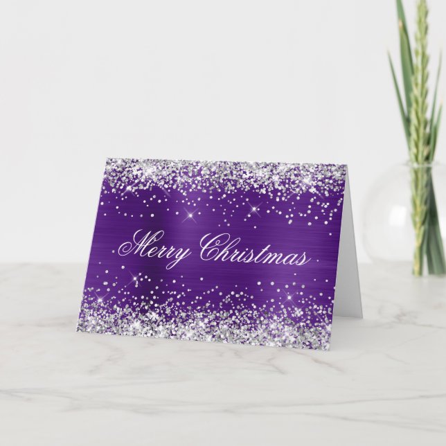 Cartão Silver Glitter Metallic Royal Purple Family Photo (Frente)