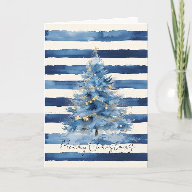 Cartão Silver Gold Blue Stripes Christmas Tree   (Frente)