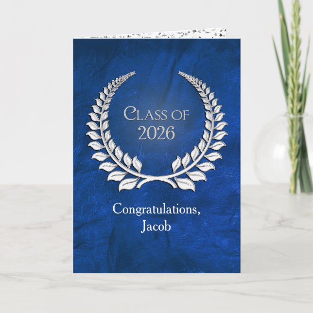 Cartão Silver Graduation 2026 Laurel Wreath On Blue (Frente)