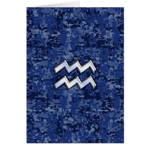 Cartão Símbolo Aquarius Zodiac no camo digital azul mari