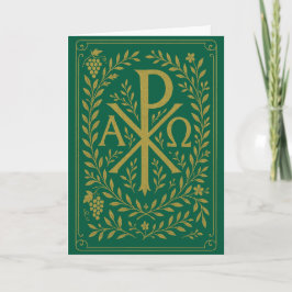 Cartão Símbolo Chi Rho Alpha Omega Dourado sobre Verde
