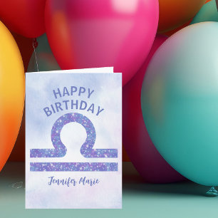 Cartão Símbolo de Libra Fora de Feliz Aniversário Púrpura