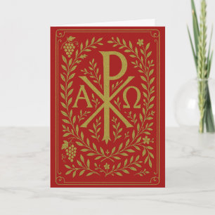 Cartão Símbolo Dourado Chi Rho Alpha Omega sobre Vermelho