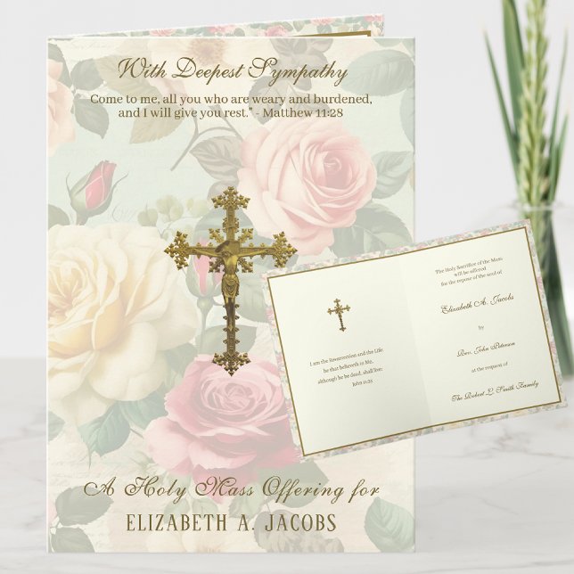 Cartão Simpatia Católica Oferta em Massa de Rosas Crucifi (TRADITIONAL CATHOLIC FUNERAL SYMPATHY MASS OFFERING CARD WITH SCRIPTURE AND ROSES AND CRUCIFIX)