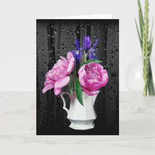 Cartão Simpatia Pêonias Rosa e Íris com Gotas de Chuva