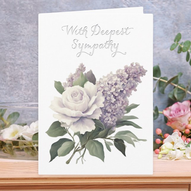 Cartão Simpatia profunda placa de Dentro do Vazio Floral  (A sympathy card with a floral design in muted lilac and green and message 'With Deepest Sympathy')