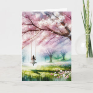 Cartão Simpatia Watercolor Girl em um Swing
