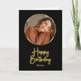 Cartão Simple Black and Gold Script Circle Photo Birthday