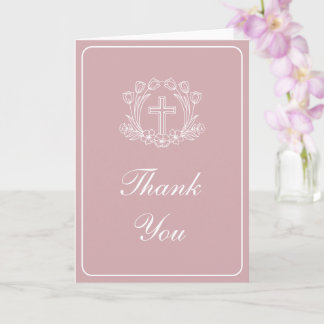 Cartão Simple Floral Cross on Pink Religious Thank You