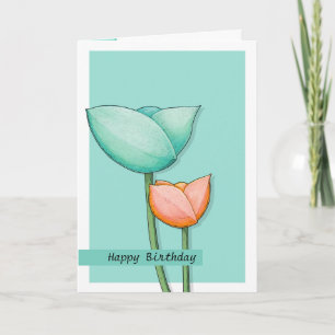 Cartão Simple Flowers teal orange 2 Birthday Card