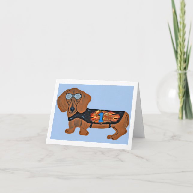Cartão Simples com Dachshund em Jaqueta de Corrida (Frente)
