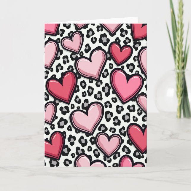 Cartão Simples de Corações de Leopardo Rosa (Frente)