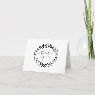 Cartão Simples Grinalda Floral Preto e Branco Obrigado