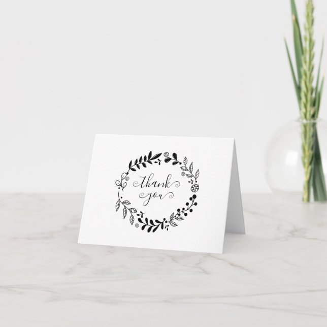 Cartão Simples Grinalda Floral Preto e Branco Obrigado (Frente)