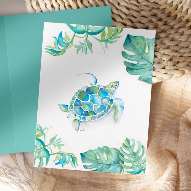 Cartão Simples Tartaruga Marinha Aquarela (Sea turtle thank you cards blank with palm leaves watercolor art by Victoria Grigaliunas)