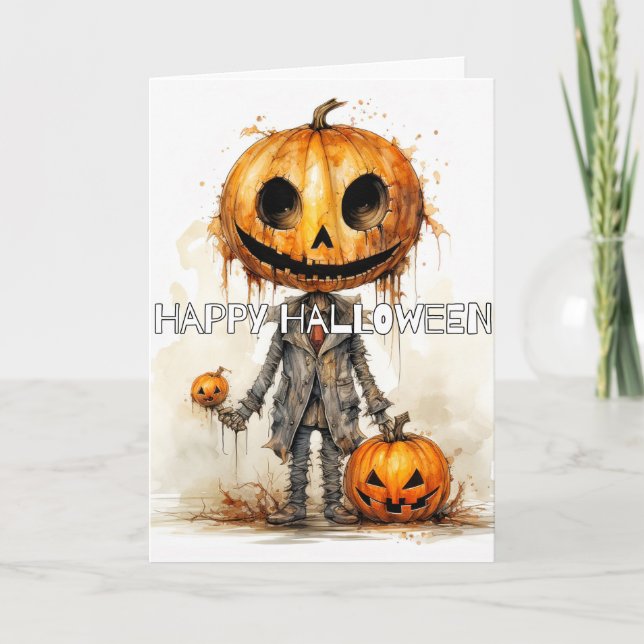Cartão Sinister Pumpkin Scarecrow Feliz Halloween (Frente)
